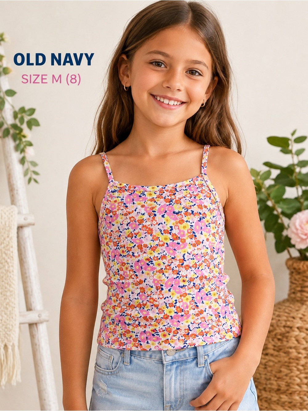 Old Navy Girls Floral Ribbed Cami Tank Top | Pink Multicolor | Size M (8)